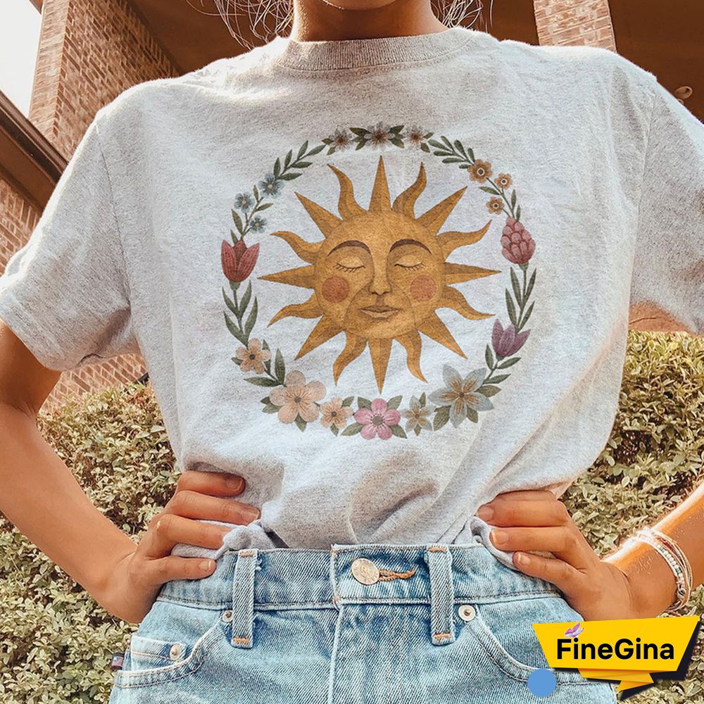 Vintage Round Neck Short-Sleeved Sun Flower Print Tee