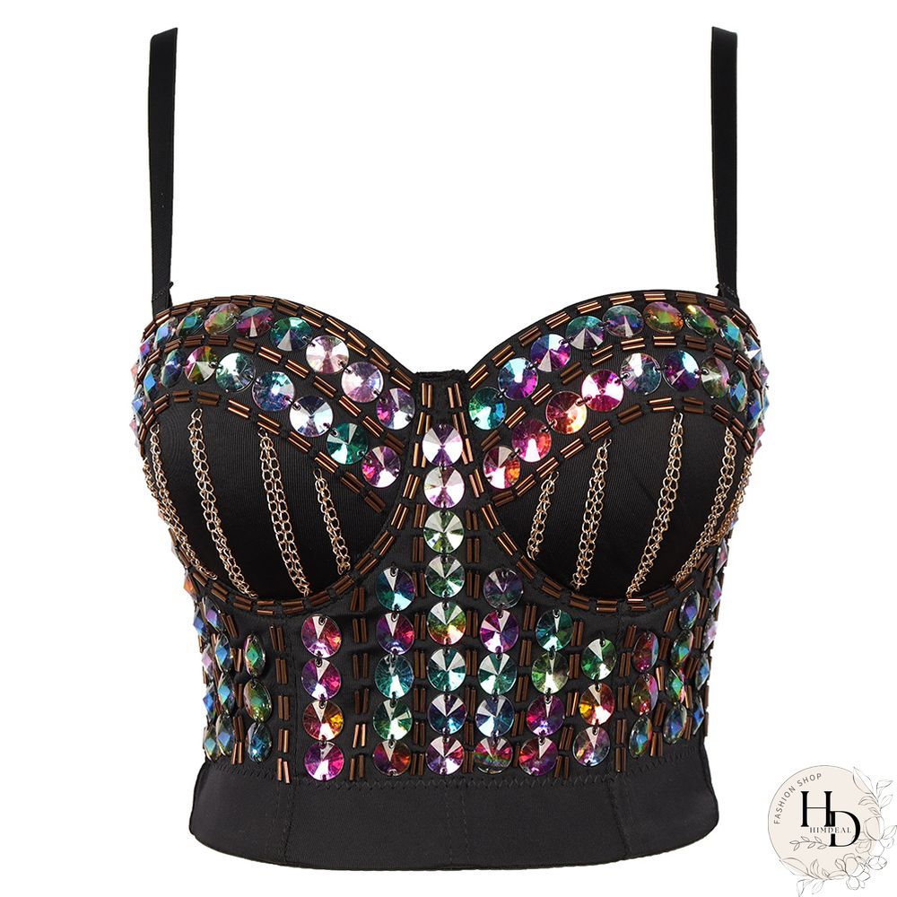 Women Holographic Rainbow Sequins Bustier Bra Spaghetti Strap Corset Camisole Reflective Bralette Crop Top Women Corset Clubwear