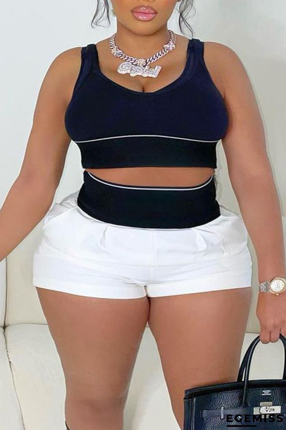 Black Casual Solid Patchwork U Neck Plus Size Two Pieces | EGEMISS