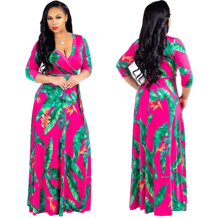 Women Exotic Dresses V-neck Digital Printed Sexy Long Dress