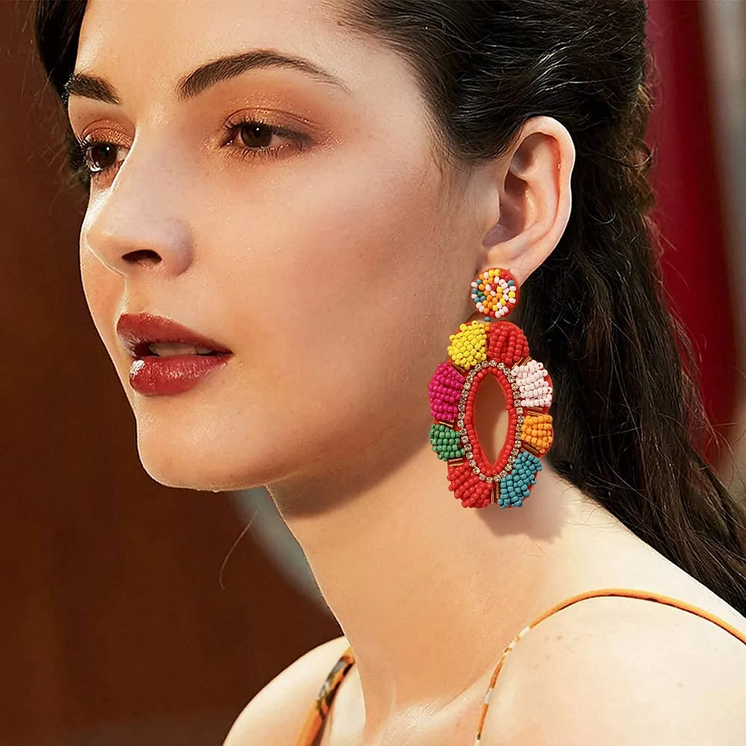 Dvacaman Bohemian Colourful Weave Beaded Flower Statement Drop Earrings Women Ethnic Handmade Seed Beads Dangle Earrings Jewelry