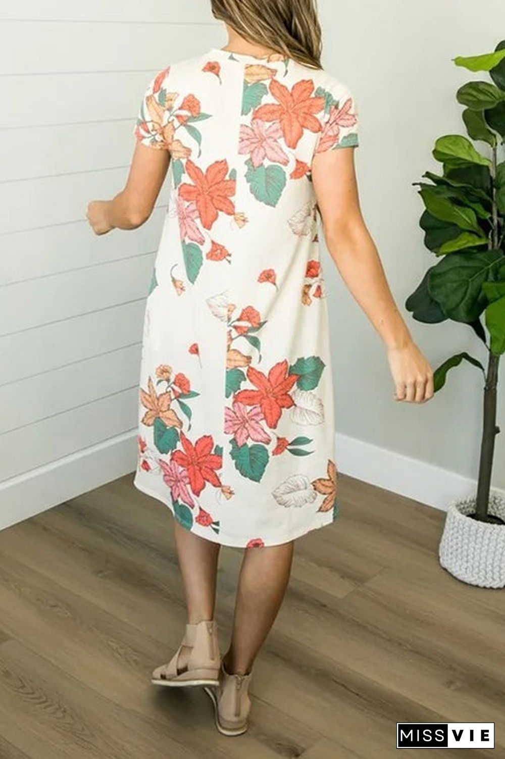 Floral O Neck Pockets Midi Dress