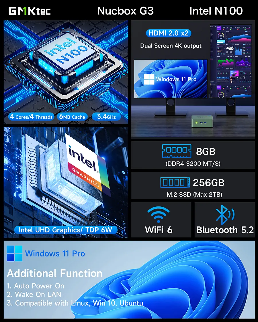 GMKtech NucBox G3 SSDなし、メモリなし、システムなし NucBox G3--Most Cost-Effective Mini PC With Intel N100 Processor