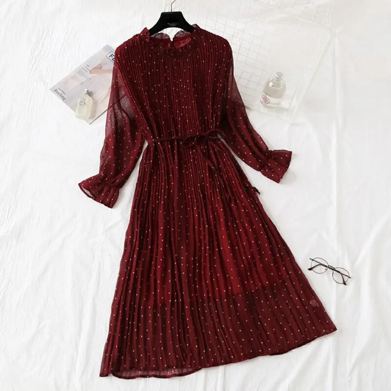 Polka Dot Print Women Chiffon Pleated Dress Sweet Flare Sleeve Party Dresses Casual Loose Lady Office Midi Dress Vestidos Mujer