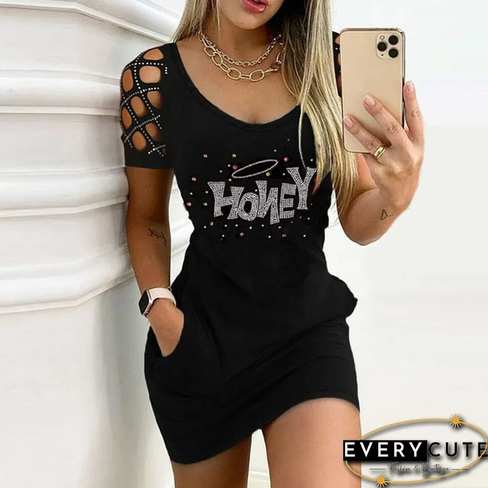 Elegant Rose Print Pocket Mini Dress Women Summer Casual O-Neck Short Sleeve Party Dress Lady Sexy Hollow Out Dress Vestido