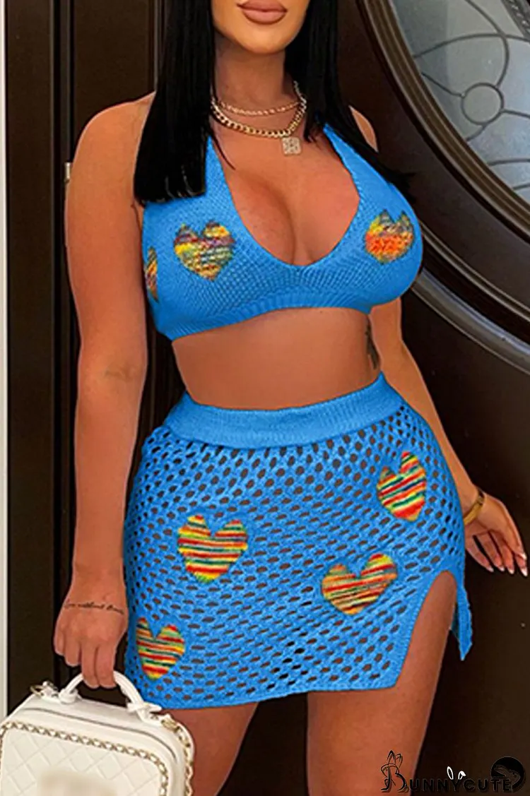 Blue Sexy Patchwork Backless Halter Sleeveless Two Pieces