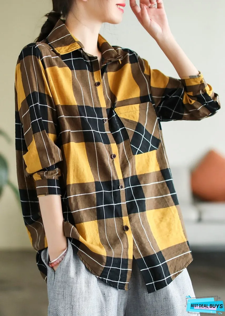 Vogue Yellow Peter Pan Collar Plaid Button Cotton Shirt Long Sleeve