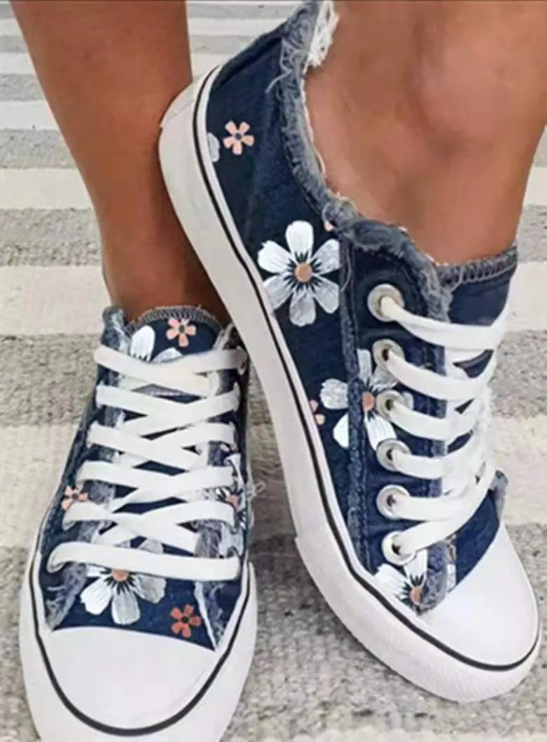 Women Shoes for Women 2022 Retro Floral Print Canva Shoes Female Fashion Student Spring Flat Lace-up Sneakers Casual Shoes Women