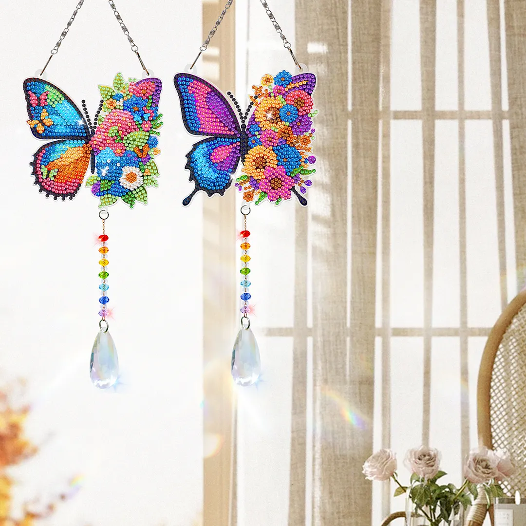 2Pcs Butterfly DIY Double-Sided Diamond Painting Hanging Kits Diamond Painting Suncatcher Craft Kit for Home Garden Wall Decor Gift
