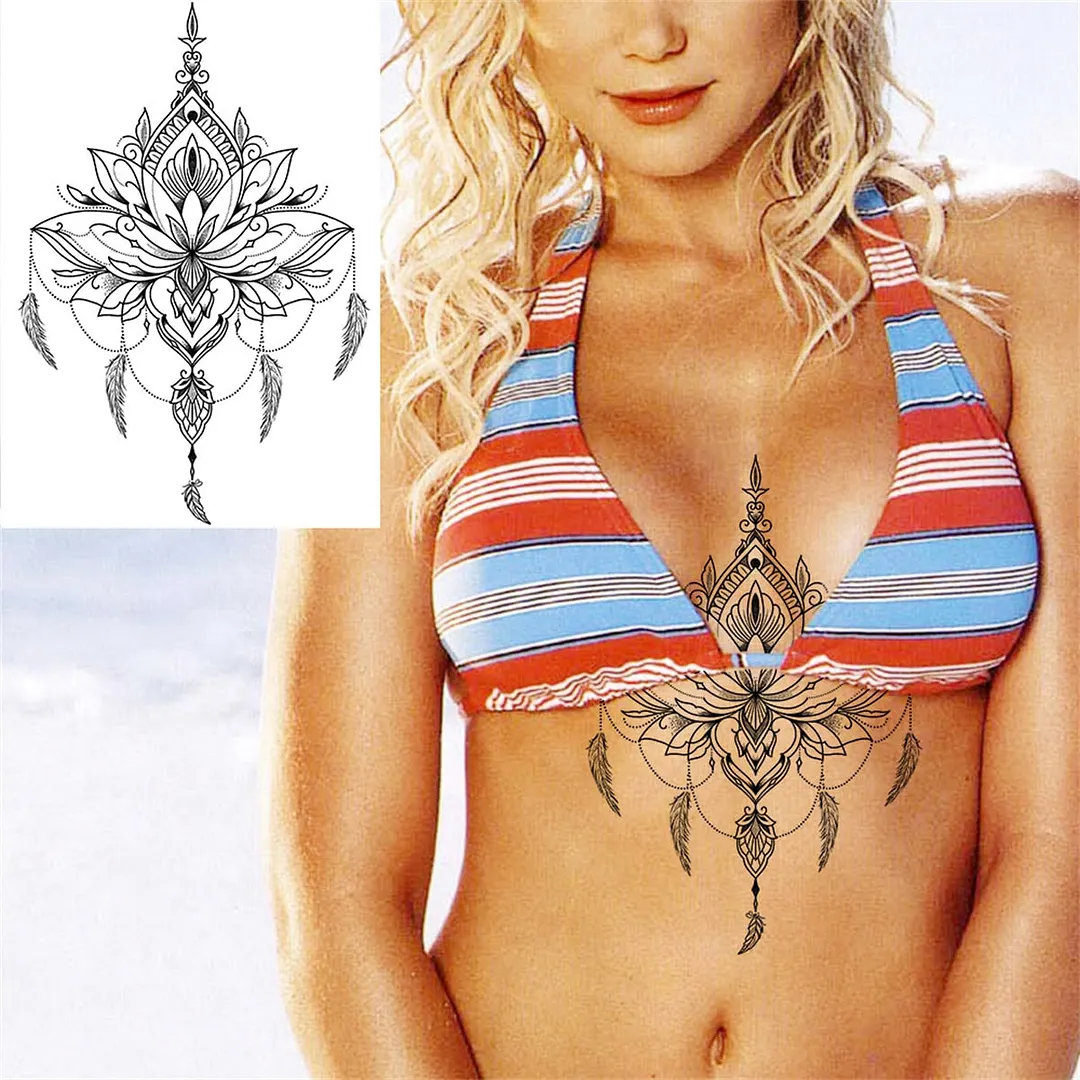 Flower Compass Temporary Tattoo For Women Girls Adult Rose Peony Tattoos Sticker Fake Black Floral Body Art Thigh Tatoos Paper