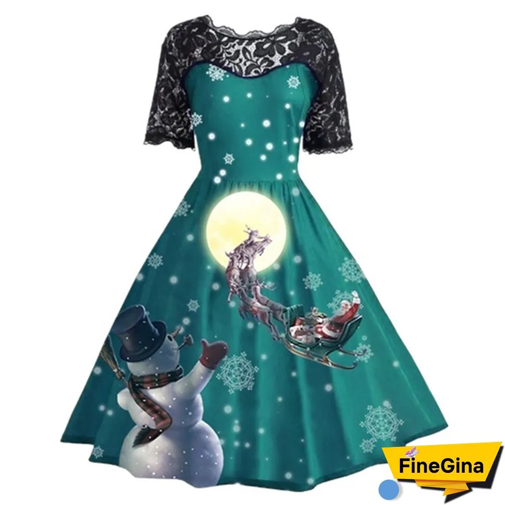 Plus Size Fashion Women Pumpkin Snowflake Print Dress Short Sleeve Lace Dress Christmas Halloween Costume Knee Length Party Dresses