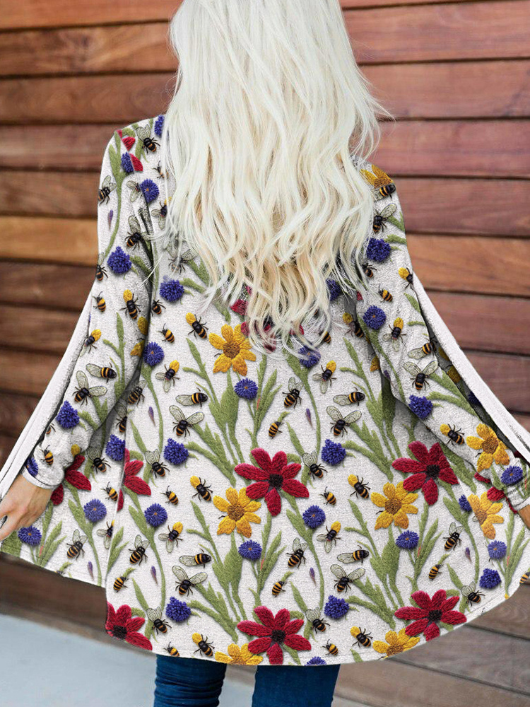 Embroidery Wildflowers and Bees Casual Cozy Cardigan artswardrobe