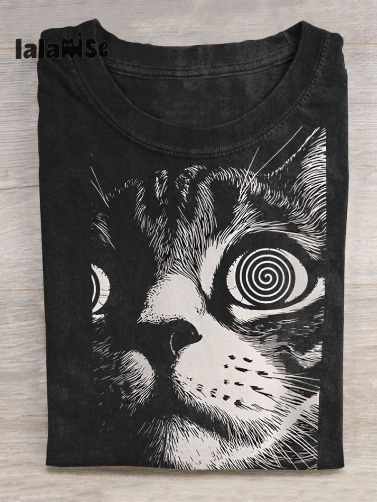 Funny Cat Art Casual Print T - Shirt Black / S
