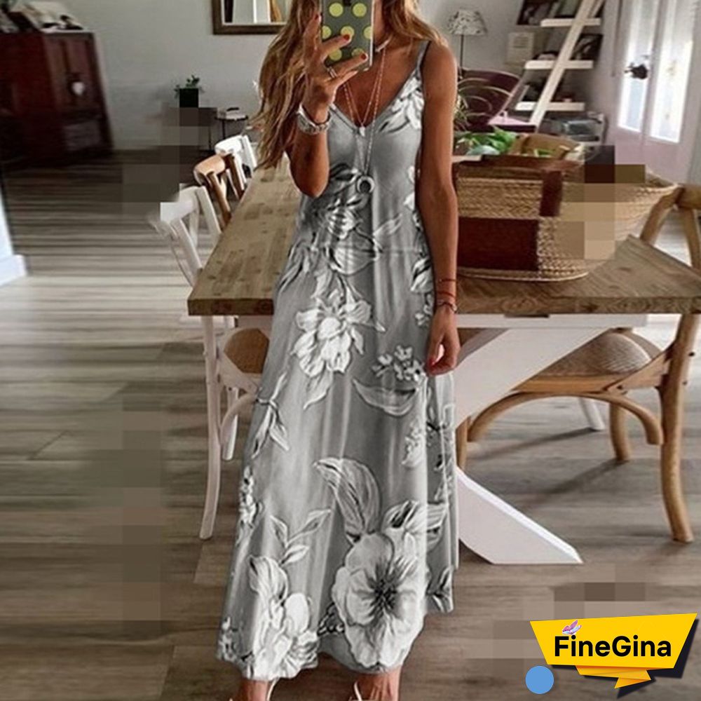 S-8XL Plus Size Vrouwen Maxi Jurk Zomer Casual Sexy Boho Gedrukt Lange Jurk Mouwloze V-hals Kleding Jurk Losse Vestido