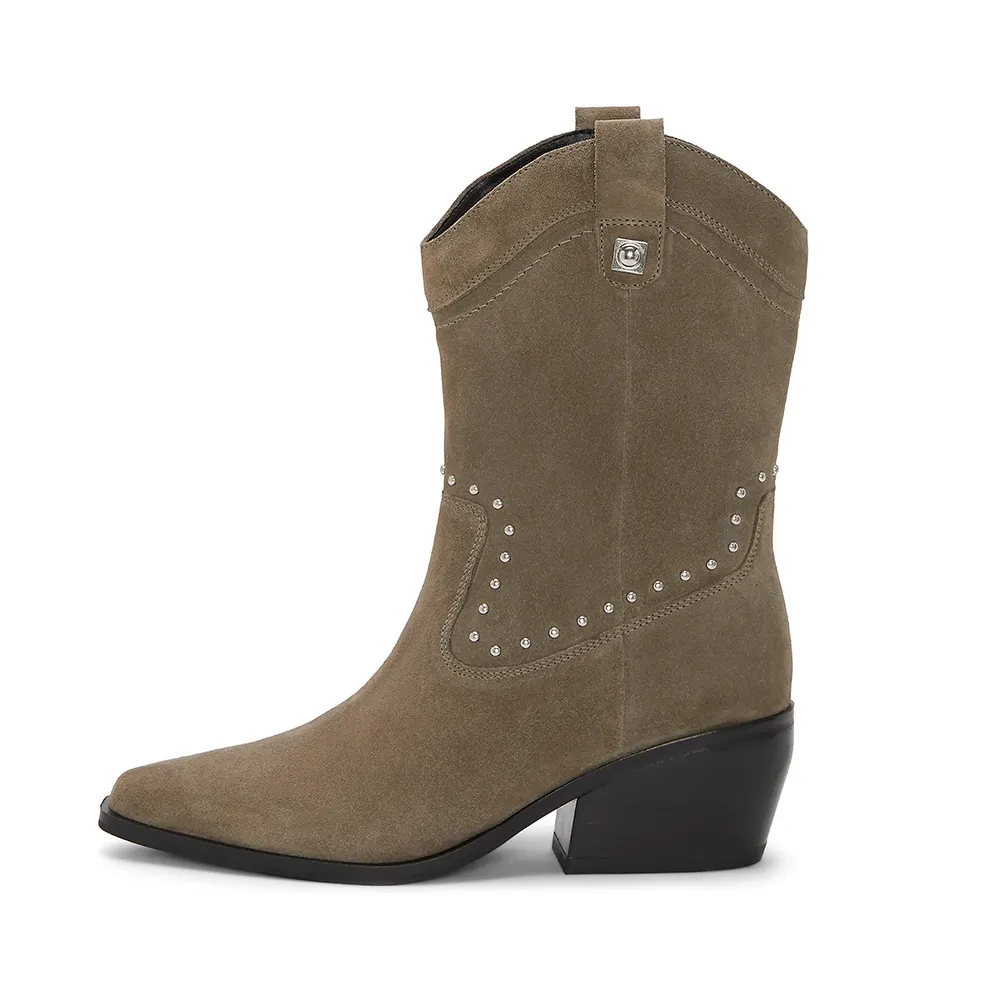 Chic Taupe Square Toe Chunky Heel Studded Pull On Cowgirl Boots