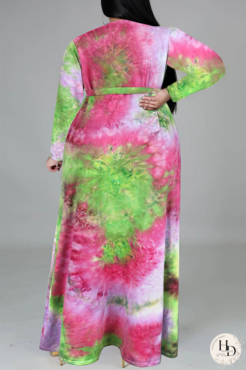 Colour Fashion Casual Print Tie-dye V Neck Long Sleeve Plus Size Dress