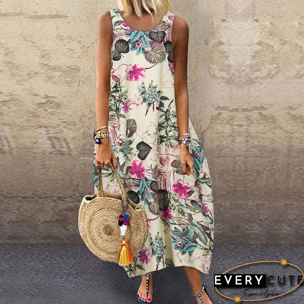 Women Summer Sleeveless Plus Size Floral Printed Long Tank Dress Sundress Beach Dresses