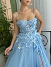 Sky Blossom Baby Light Pale Blue Prom Dress 3D Flowers Floral Applique Thin Spaghetti Strap Tulle A Line High Leg Split Formal Sweetheart