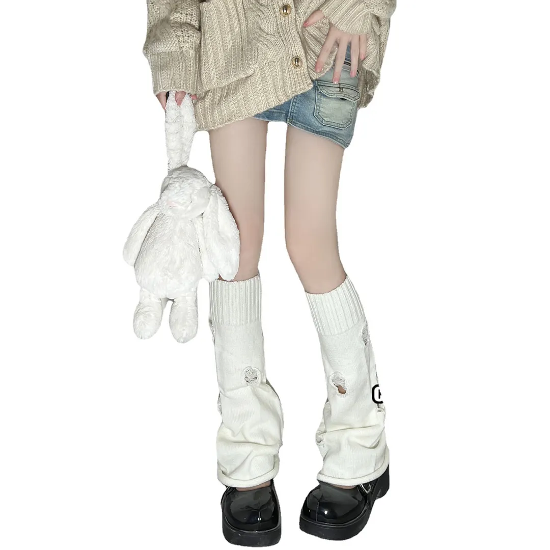 Churchf Churchf Ins White Broken Hole Knit Leg Set Autumn Winter Student Hot Girl Versatile Jk Middle Long Calf Pile Pile Socks Set Female Y2k