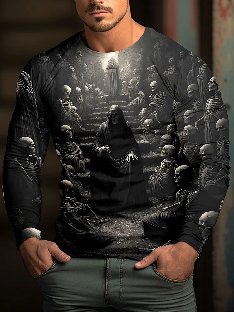 Men's Halloween Ghost Skull Oil Painting Art Fun Casual Print Long Sleeve T-Shirt