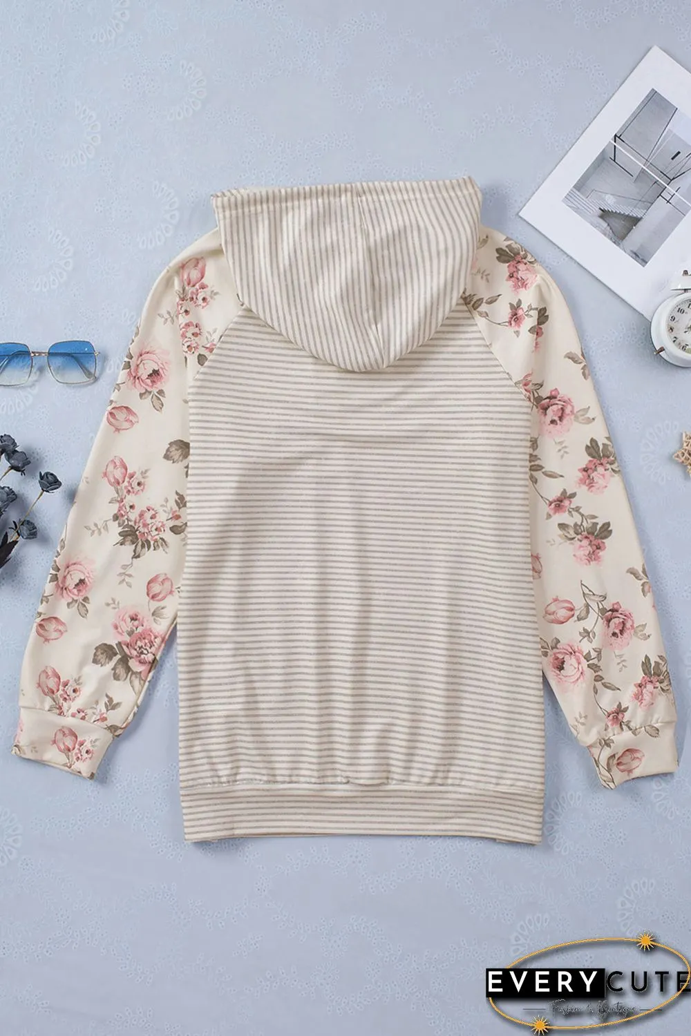Plus Size Floral Raglan Sleeve Striped Hoodie