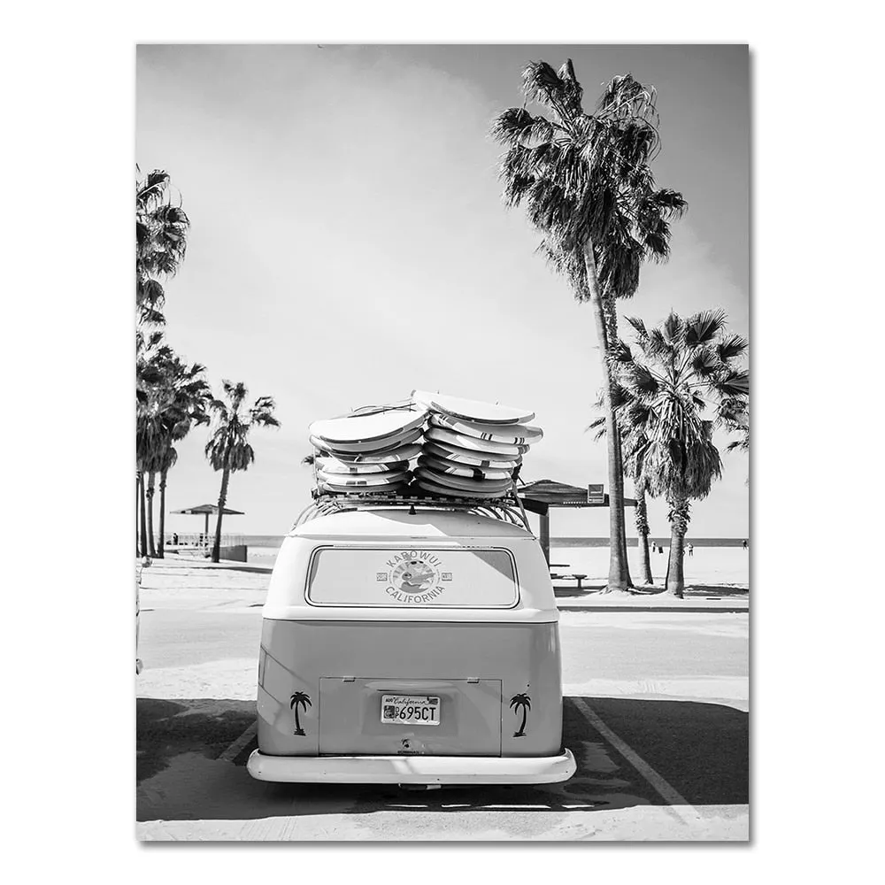 Camper Van Beach Surf Print Palm Tree Art Canvas Painting Black and White Photography Ocean Poster Boho Decor for Living Room
