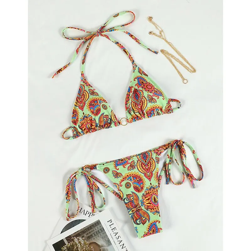 2022 Bandage Adjustable Swimsuit Women High Cut Thong Sexy Bikinis Swimwear Floral Print Halter Bikini Set Bathing Suits Biquini