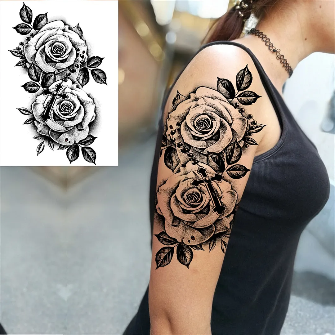Flower Compass Temporary Tattoo For Women Girls Adult Rose Peony Tattoos Sticker Fake Black Floral Body Art Thigh Tatoos Paper