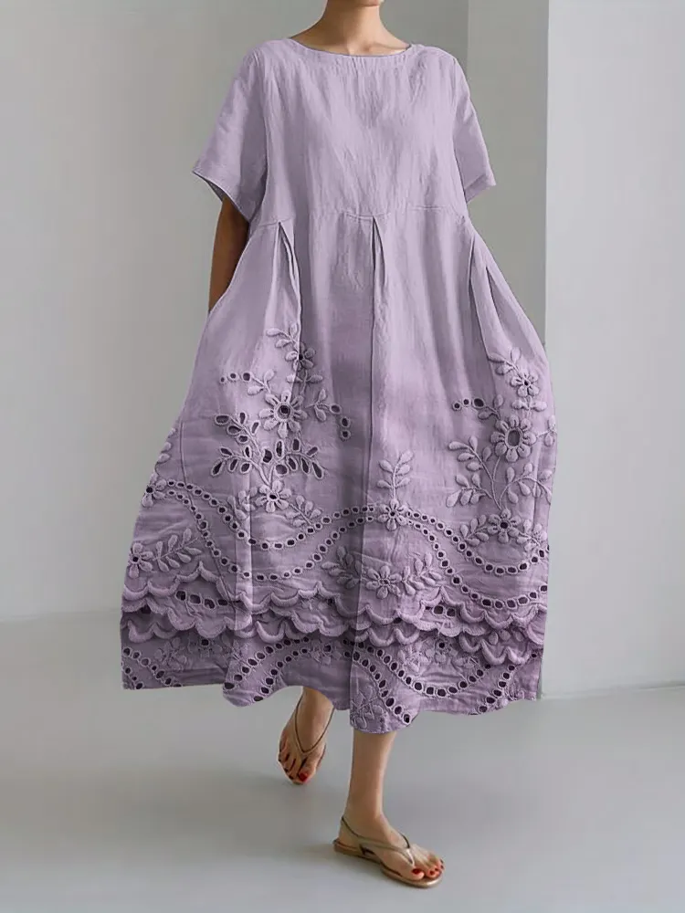 Vintage Floral Embroidered Lace Hem Linen Blend Maxi Dress