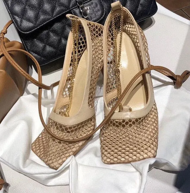 Fujin 9cm Summer Autumn Sexy Mesh Pumps Sandals Female Square Toe High Heel Chain Stiletto Hollow Party Dress Pumps Shoe Sandals