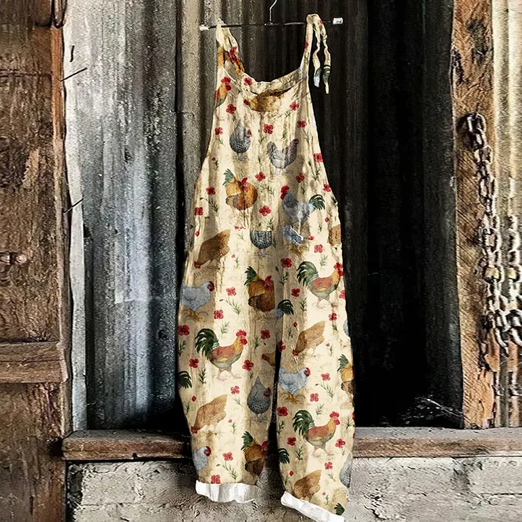 Vintage Chicken Linen Blend Loose Casual Jumpsuit