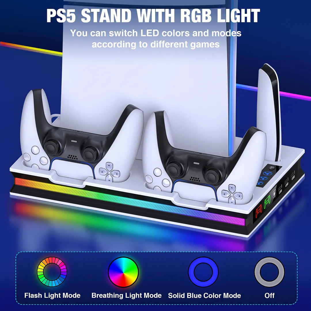PS5 Stand Cooling Station for 2023 PS5 Slim,DinoFire Dual Fast PS5 Controller Charging Station,PS5 Accessories for Sony 2020 PS5 Digital/Disc Console