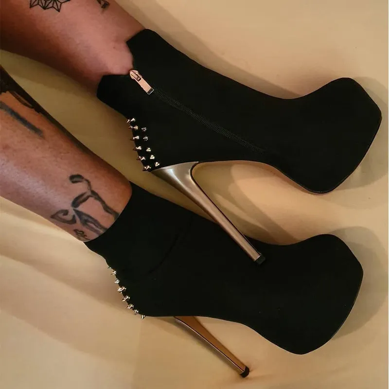 Onlymaker Women's Ankle ivet Boots Shoes 16cm High Thin Heel 4cm Platform Fashion Heels Metal Plates Buckle Boots Size US15