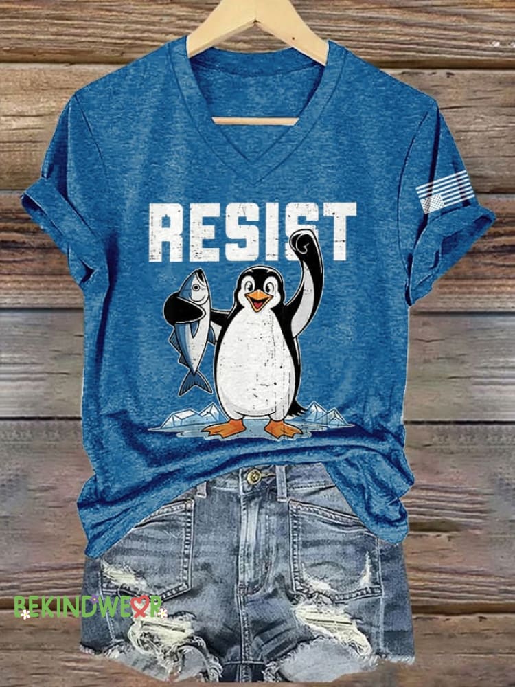 V-Neck Retro Penguins Resist Tariffs Print T-Shirt Blue / S