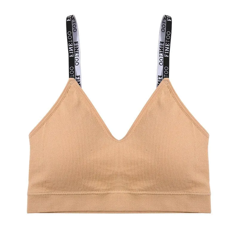 FINETOO Deep V Women Tops Fashion Letter Strap Bralette Girls Padded Bras M-2XL Plus Size Female Crop Top Ladies Sexy Lingerie