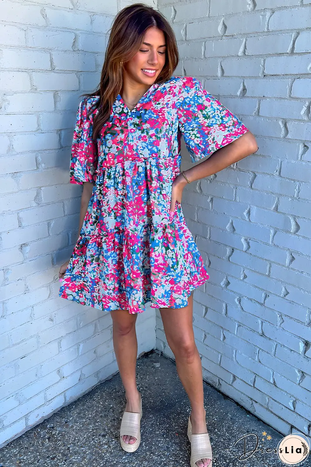 Multicolour Floral Short Sleeve V Neck Tiered Mini Dress