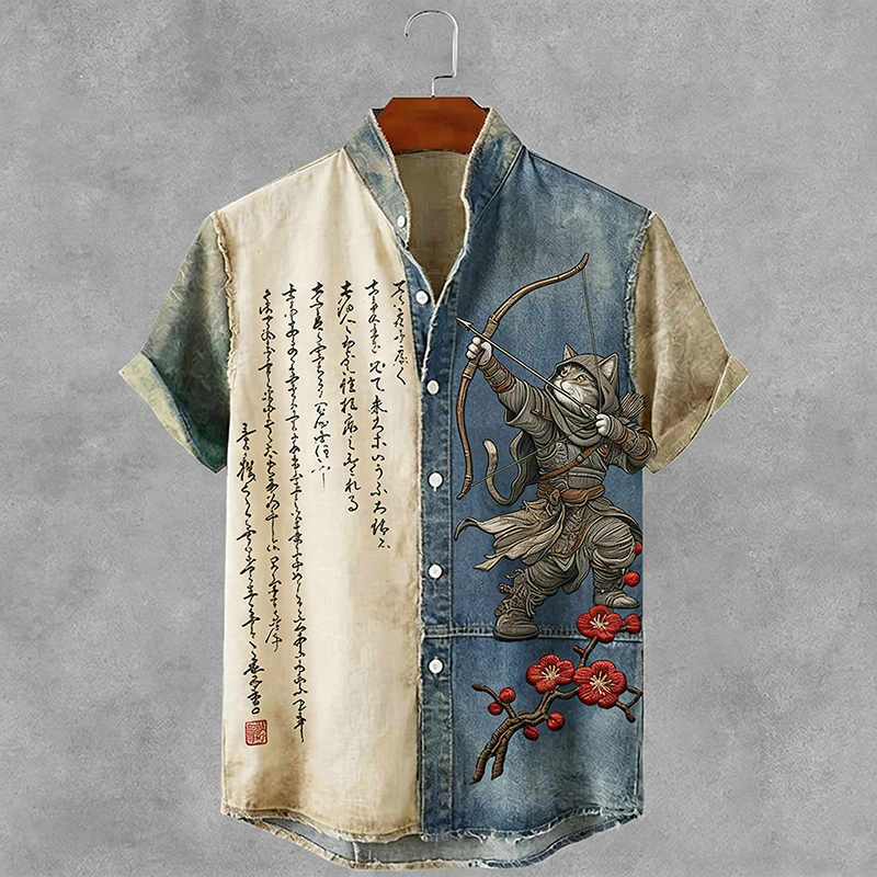 Men's Retro Japanese Style Cat Archery Calligraphy Art Pattern Casual Shirt elevenforest