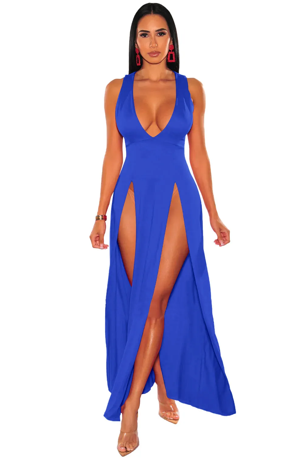 Brownm Summer Long Deep V Split Multi-color Dresses