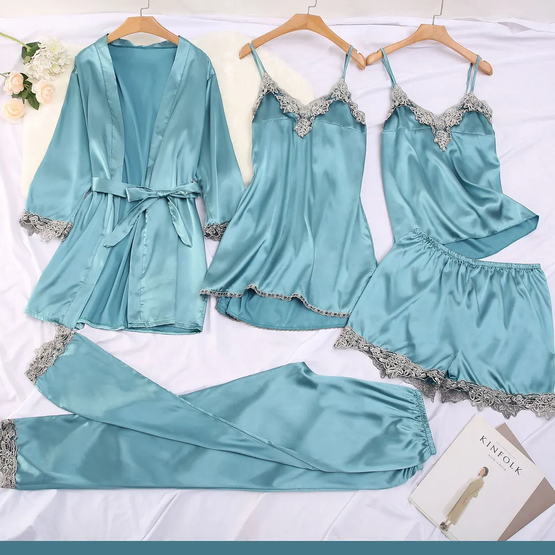 Churchf Simulation Silk Pajamas Sex Lingerie Five-Piece Set Suspension Sexy Lady Home Clothes Pajamas