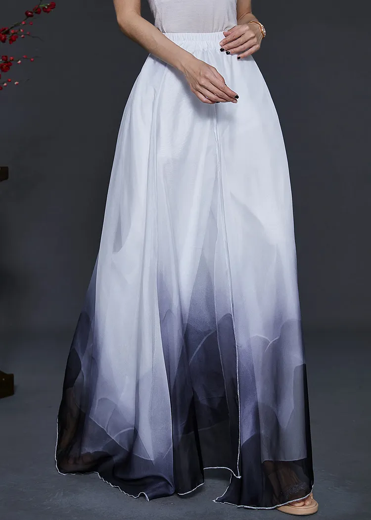 Elegant Gradient Color Ink And Wash Print Layered Chiffon Pants Skirts Summer