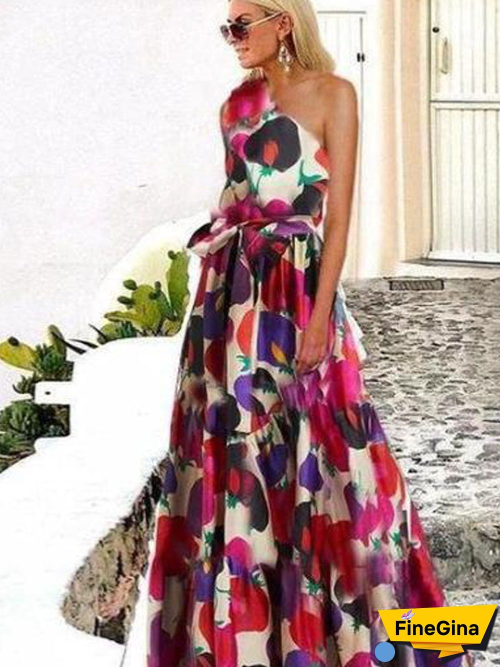 Elegant One Shoulder Sleeveless Printed Maxi Dress