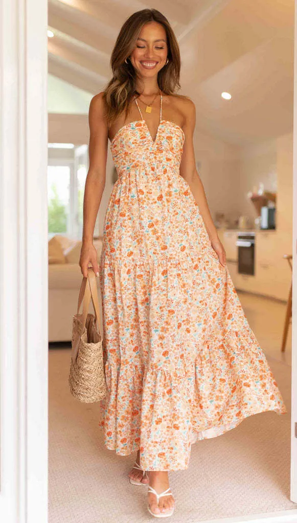 Women&rsquo;s V Neck Maxi Dress Elegant Shoulder Baring Sleeveless Sling