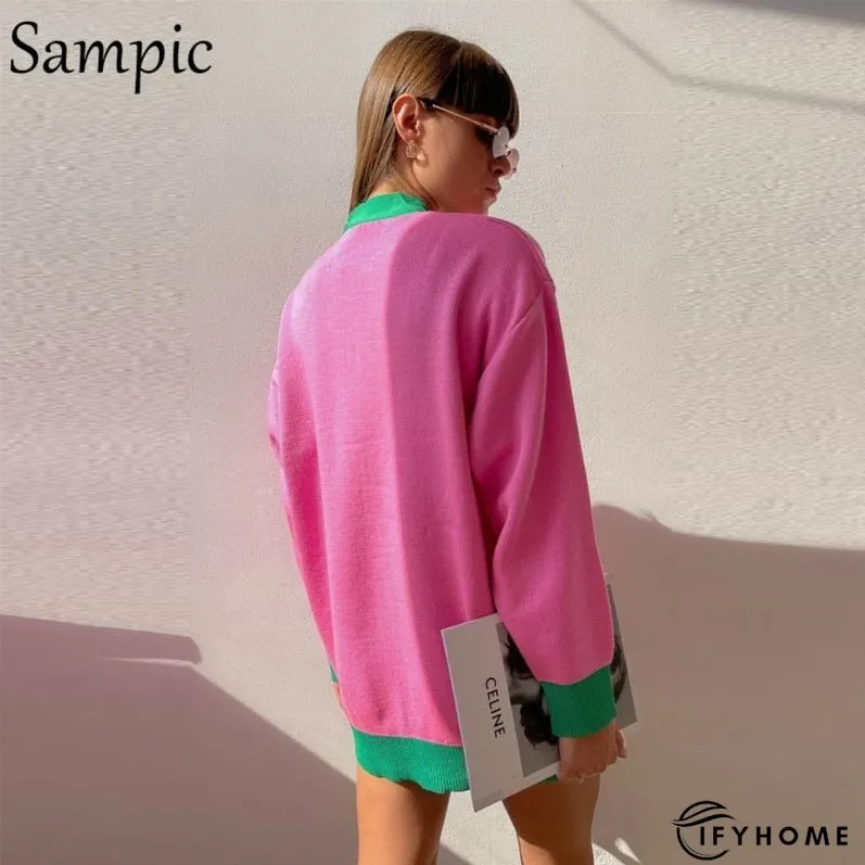 Christmas Gift Sampic Loose Patchwork Knitwear Winter Women Cardigans Tops Oversized Long Sleeve Y2K V Neck Sweater Casual Fashion Tops | IFYHOME