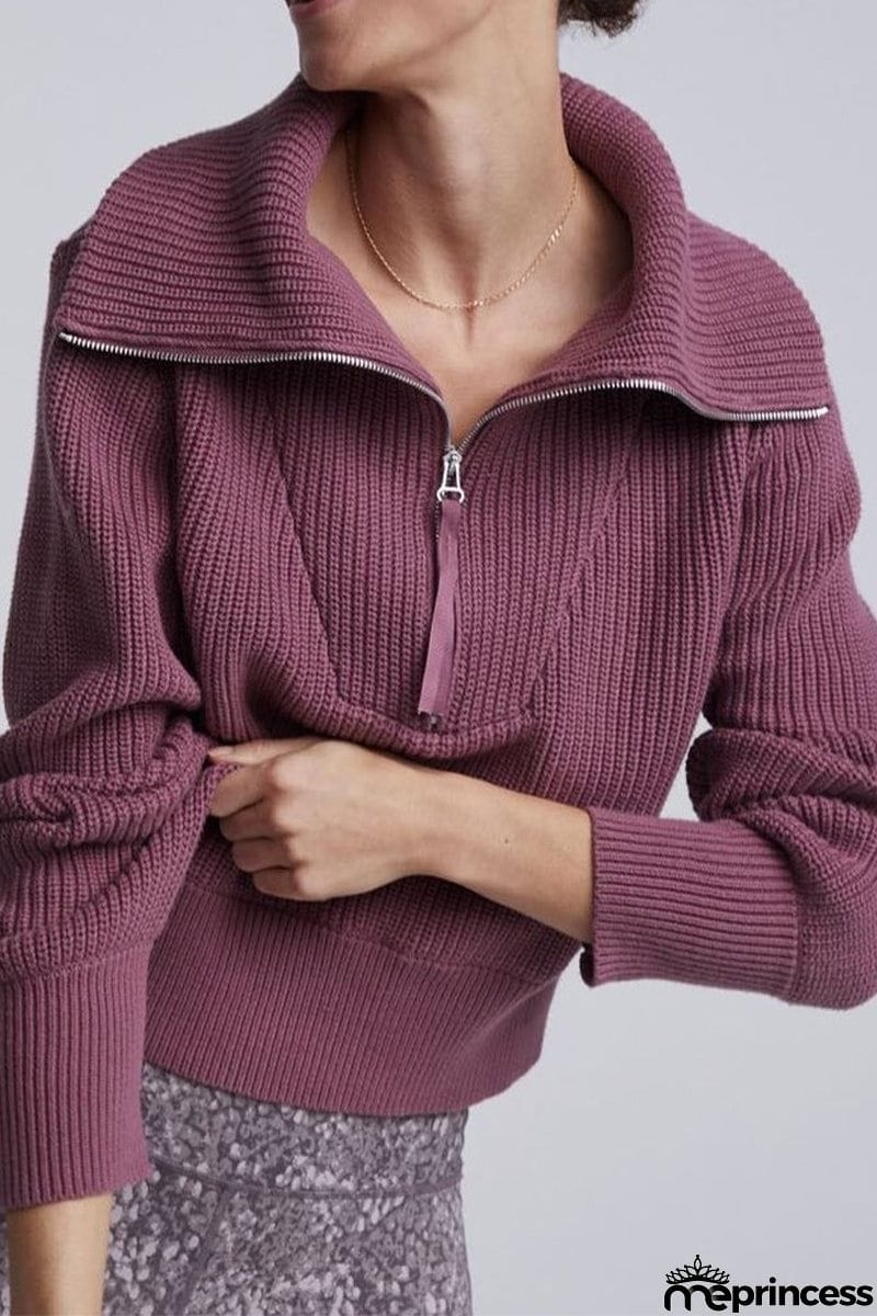 Elegant Solid Zipper Turndown Collar Tops