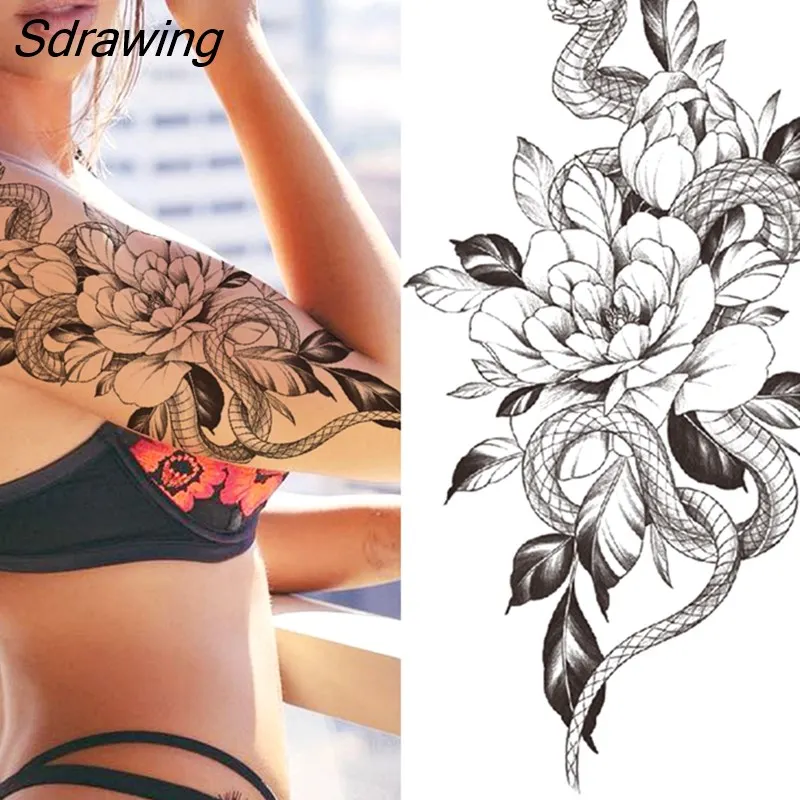 Sdrawing Fake Peony Temporary Tattoos For Women Girl Black Rose Elephant Flower Tattoo Sticker Tiger Anemone Tatoos Half Sleeve 1020-0