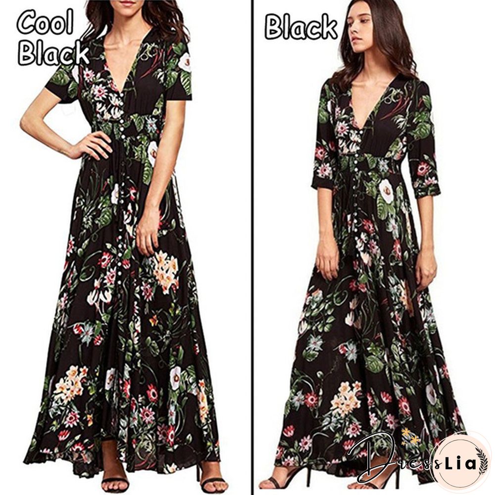 Summer Fashion Womens Bohemian V Neck Print Big Swing Long Dress Plus Size