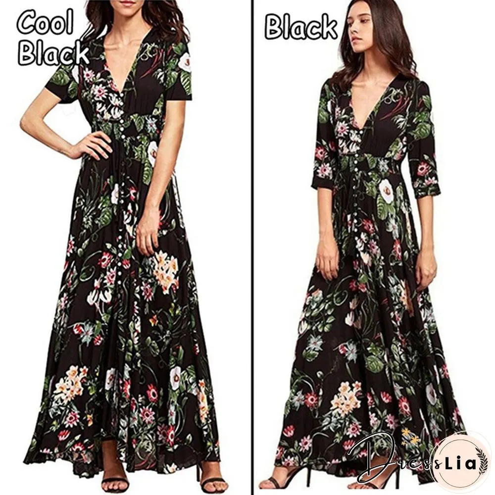 Summer Fashion Womens Bohemian V Neck Print Big Swing Long Dress Plus Size