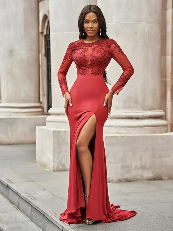 open lace back dress Elegant Long Blue Mermaid Long Sleeves Lace Prom Dress with Train main image 1