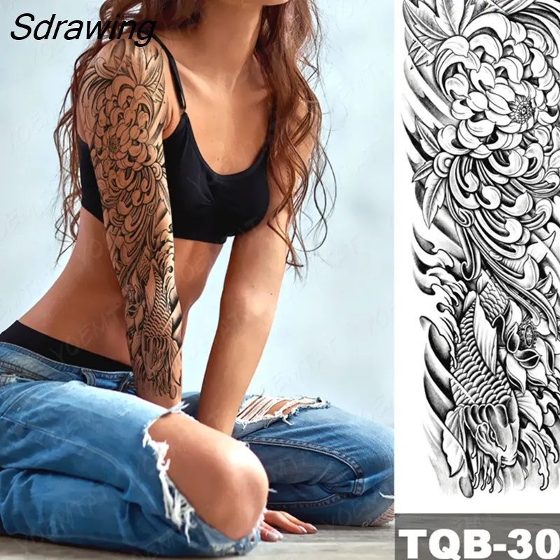 Sdrawing Arm Tattoos Phoenix Bird Crane Koi Wing Feather Waterproof Temporary Tattoo Sticker Women Men Body Art Flower Fake Tatto