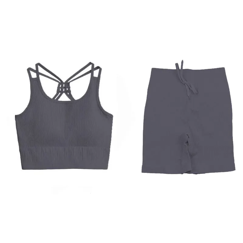 SVOKOR Sport Two Piece Sets Women Gym Tracksuits Workout 2Pcs Sexy Running Leggings Cycling Shorts Fitness Vest Short Crop Tops